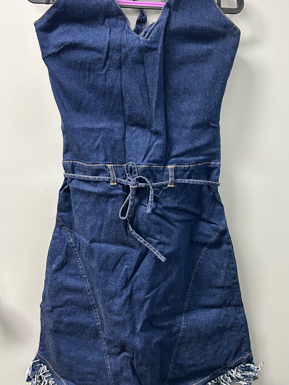 Chesley Dark Indigo Halter Denim Dress with Fringe at Hem Line Sz Medium